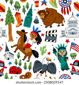 Bright cheerful children seamless vector pattern with symbols of USA.
