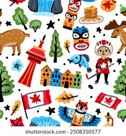 Bright cheerful children seamless vector pattern with symbols of Canada.
