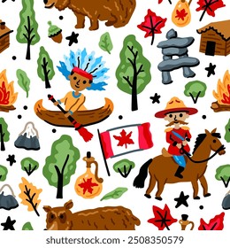 Bright cheerful children seamless vector pattern with symbols of Canada.