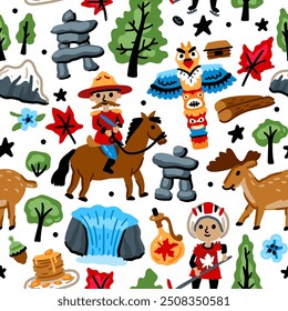 Bright cheerful children seamless vector pattern with symbols of Canada.