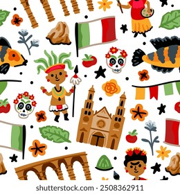 Bright cheerful children seamless vector pattern with symbols of Mexico.