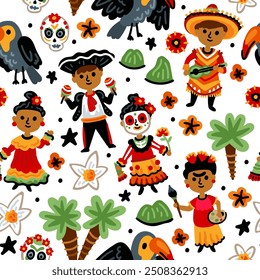 Bright cheerful children seamless vector pattern with symbols of Mexico.