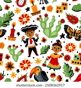 Bright cheerful children seamless vector pattern with symbols of Mexico.