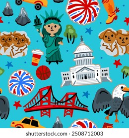 Bright cheerful children seamless vector pattern with symbols of USA.