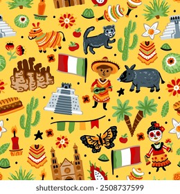 Bright cheerful children seamless vector pattern with symbols of Mexico.