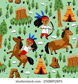 Bright cheerful children seamless vector pattern with American Indians
