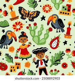 Bright cheerful children seamless vector pattern with symbols of Mexico.