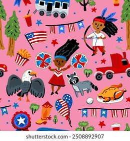 Bright cheerful children seamless vector pattern with symbols of USA.