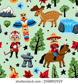 Bright cheerful children seamless vector pattern with symbols of Canada.