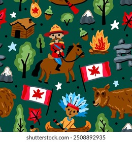 Bright cheerful children seamless vector pattern with symbols of Canada.