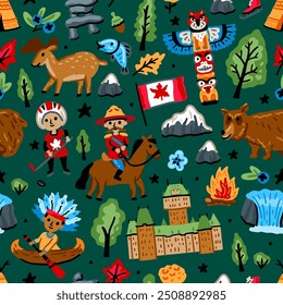 Bright cheerful children seamless vector pattern with symbols of Canada.