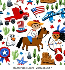 Bright cheerful children seamless vector pattern with symbols of USA.