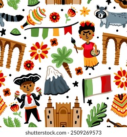 Bright cheerful children seamless vector pattern with symbols of Mexico.