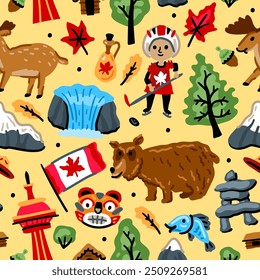 Bright cheerful children seamless vector pattern with symbols of Canada.