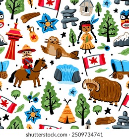 Bright cheerful children seamless vector pattern with symbols of Canada. American Indian, maple leaf, Niagara waterfall, mounted police. Alaska landmarks. Childish travel background. North America