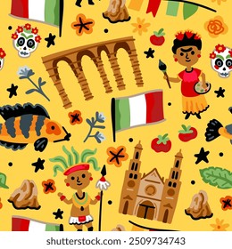 Bright cheerful children seamless vector pattern with symbols of Mexico. Mexican, cactus, toucan, national costumes, flowers. Latin America landmarks. Childish travel background