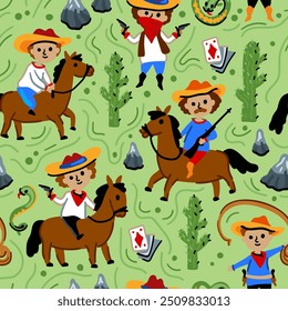 Bright cheerful children seamless vector pattern with American western cowboy from wild west rural Landscape. Childish background. Wild West. Texas. Cheerful characters with animals and plants.