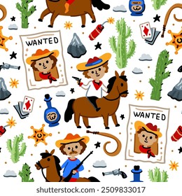 Bright cheerful children seamless vector pattern with American western cowboy from wild west rural Landscape. Childish background. Wild West. Texas. Cheerful characters with animals and plants.