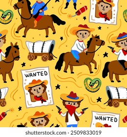 Bright cheerful children seamless vector pattern with American western cowboy from wild west rural Landscape. Childish background. Wild West. Texas. Cheerful characters with animals and plants.