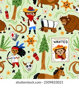 Bright cheerful children seamless vector pattern with American western cowboy from wild west rural Landscape. Childish background. Wild West. Texas. Cheerful characters with animals and plants.