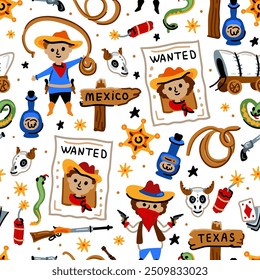 Bright cheerful children seamless vector pattern with American western cowboy from wild west rural Landscape. Childish background. Wild West. Texas. Cheerful characters with animals and plants.