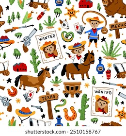 Bright cheerful children seamless vector pattern with American western cowboy from wild west rural Landscape. Childish background. Wild West. Texas. Cheerful characters with animals and plants.