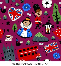 Patrón de Vector sin costuras de niños alegres brillantes con símbolos de Gran Bretaña. Londres. Union Jack, reina, de dos pisos, castillo, autobús. Lugares famosos del Reino Unido. Fondo de viaje infantil