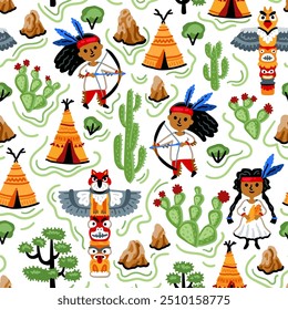 Bright cheerful children seamless vector pattern with American native indians. Childish background. Cheerful characters with animals and plants. Wigwam, totem, cactus