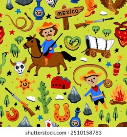 Bright cheerful children seamless vector pattern with American western cowboy from wild west rural Landscape. Childish background. Wild West. Texas. Cheerful characters with animals and plants.