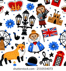 Bright cheerful children seamless vector pattern with symbols of the Great Britain. London. Union Jack, queen, flag, Red telephone booth. United Kingdom landmarks. Childish travel background