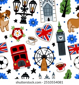 Bright cheerful children seamless vector pattern with symbols of the Great Britain. London. Union Jack, Big Ben, bus, bulldog, tea. United Kingdom landmarks. Childish travel background