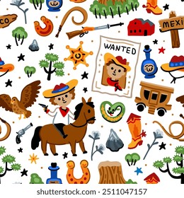 Bright cheerful children seamless vector pattern with American western cowboy from wild west rural Landscape. Childish background. Wild West. Texas. Cheerful characters with animals and plants.