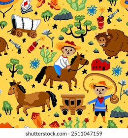 Bright cheerful children seamless vector pattern with American western cowboy from wild west rural Landscape. Childish background. Wild West. Texas. Cheerful characters with animals and plants.