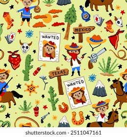 Bright cheerful children seamless vector pattern with American western cowboy from wild west rural Landscape. Childish background. Wild West. Texas. Cheerful characters with animals and plants.