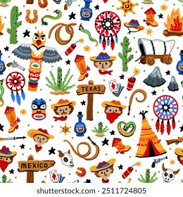 Bright cheerful children seamless vector pattern with American native indians and western cowboy from wild west rural Landscape. Childish background. Cheerful characters with animals and plants.