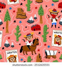 Bright cheerful children seamless vector pattern with American western cowboy from wild west rural Landscape. Childish background. Cheerful characters with animals and plants.