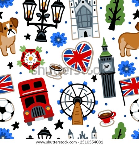 Bright cheerful children seamless vector pattern with symbols of the Great Britain. London. Union Jack, Big Ben, bus, bulldog, tea. United Kingdom landmarks. Childish travel background