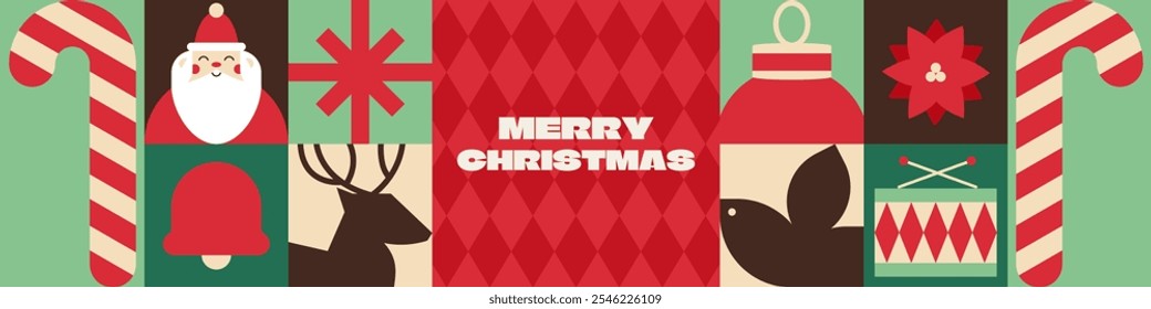 Bright and cheerful Christmas banner with geometric shapes design. Holiday Santa, bell, reindeer, candy cone in bold red, green colors. Perfect for seasonal greetings and festive design projects