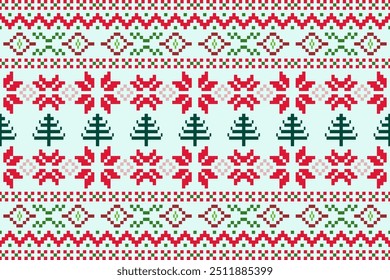 Bright and Cheerful Christmas Fabric Pattern in Pixel Art Style.Geometric Shapes for Versatile Use on Backgrounds, Scarves, Blankets, Tablecloths, Rugs, and Apparel,ethnic pattern