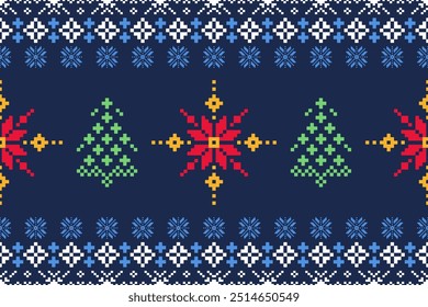 Padrão de tecido de Natal brilhante e alegre em Pixel Art Style.Geometric Formas para uso versátil em fundos, lenços, cobertores, toalhas de mesa, tapetes e vestuário, padrão étnico