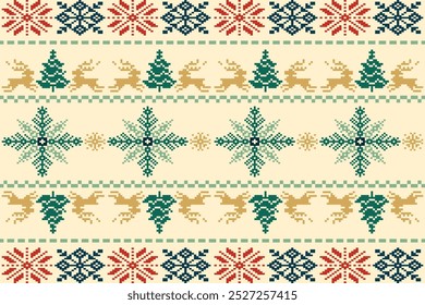 Bright and Cheerful Christmas Fabric Pattern in Pixel Art Style.Geometric Shapes for Versatile Use on Backgrounds, Scarves, Blankets, Tablecloths, Rugs, and Apparel,ethnic pattern