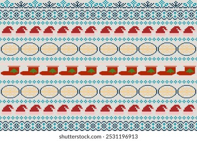 Bright and Cheerful Christmas Fabric Pattern in Pixel Art Style.Geometric Shapes for Versatile Use on Backgrounds, Scarves, Blankets, Tablecloths, Rugs, and Apparel,ethnic pattern