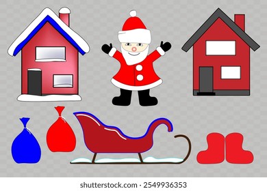 A bright cheerful Christmas set on a transparent background. Christmas collection, badges, stickers. Santa Claus, houses, sleighs, gifts, felt boots. Happy New Year. For a festive design, isolated. 