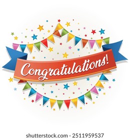 "Bright and Cheerful Congratulations Banner with Party Flags and Confetti - Vector Graphic"