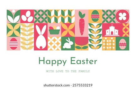 Bright and cheerful decorations showcase various Easter symbols like eggs, flowers, and carrots. The vibrant colors create a festive atmosphere for the holiday celebration.