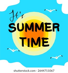 A Bright and Cheerful Design Celebrating Summer with a Vibrant Sun and Playful Seagulls