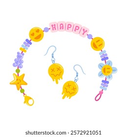 Bright and cheerful DIY bracelet featuring letter beads and happy emojis, perfect for Y2K and hippie-inspired designs. Vibrant plastic beads make crafting fun accessories a blast for all ages