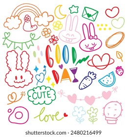 Bright and cheerful doodles featuring bunnies, hearts, rainbows, and positive words, perfect for uplifting and creative designs.
