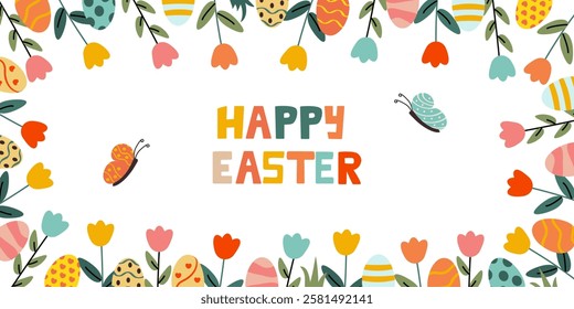 Bright and cheerful Easter banner featuring the text "Happy Easter" on a white background. A colorful floral frame filled with hidden Easter eggs and fluttering butterflies adds a festive spring vibe.