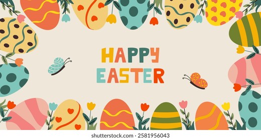 Bright and cheerful Easter banner featuring the text "Happy Easter" on a white background. A colorful floral frame filled with hidden Easter eggs and fluttering butterflies adds a festive spring vibe.